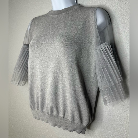 HTML Sweaters - THML Women’s Silver Ruffled Sheer Sleeve Sweater Size Small